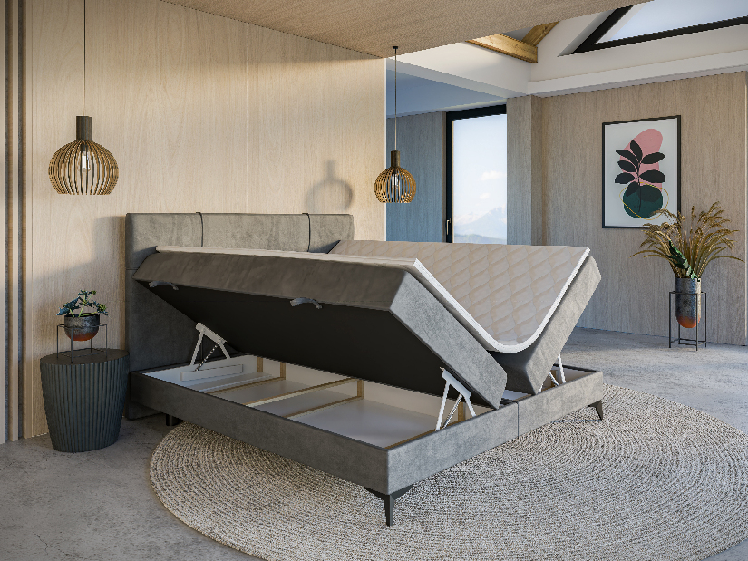 Bračni krevet Boxspring 180 cm Nivela (beton) (s madracem i prostorom za odlaganje)