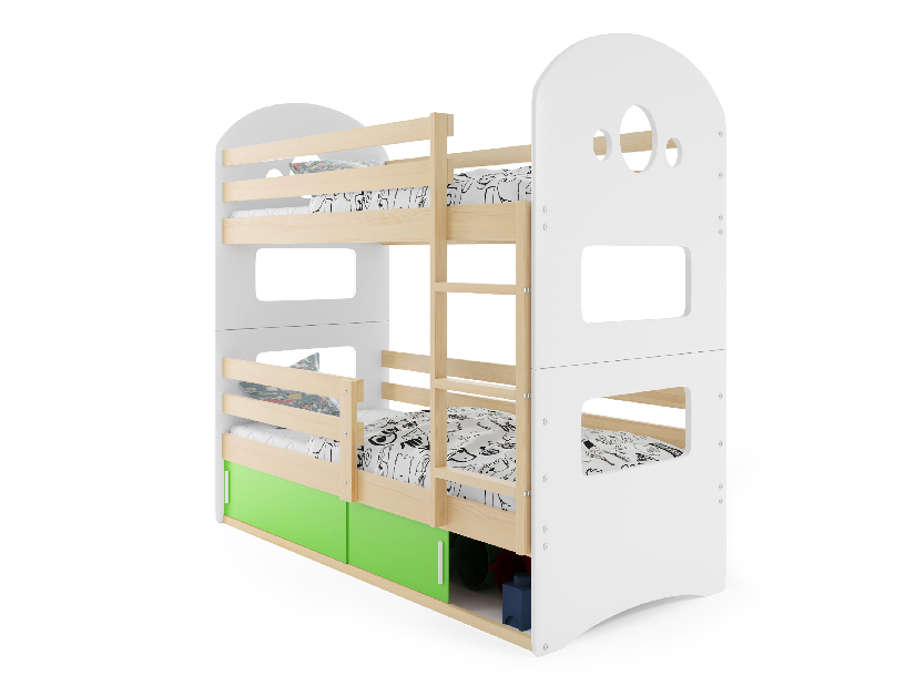Krevet na kat 80 x 160 cm Domur (bor + zelena) (s podnicom, madracem i prostorom za odlaganje)